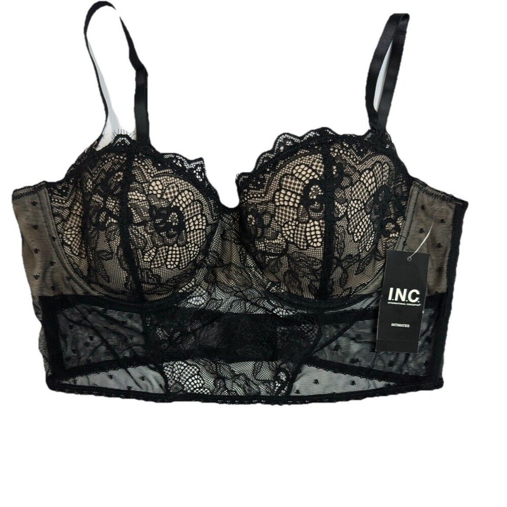 INC International Concepts Lace Longline Bra Removable Straps Deep Black Large